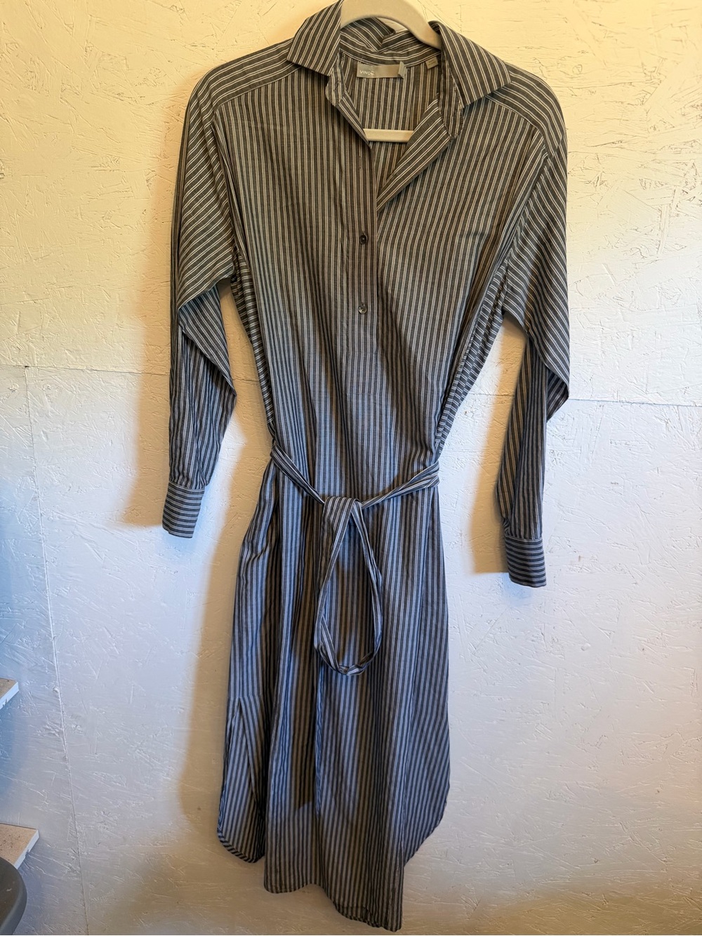 Vince blue and white Striped Long-Sleeve Shirt Dress w tie belt